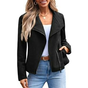 Women Faux Leather Cropped Open Front Coat Cardigan Style Jacket Black